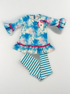 Rare Editions Sz 6 Unicorn Tie-Dye Top & Striped Leggings Set Blue white Pink